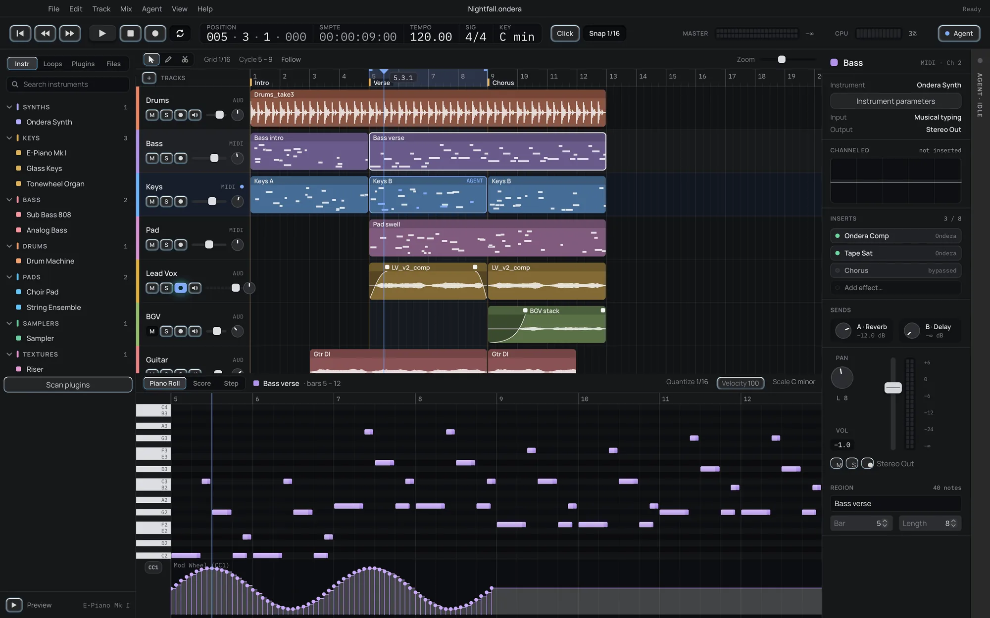 ryolune arrangement window: Intro, Verse and Chorus markers on the ruler, audio regions with fade curves, the piano roll with a mod-wheel controller lane below, browser on the left and channel inspector on the right