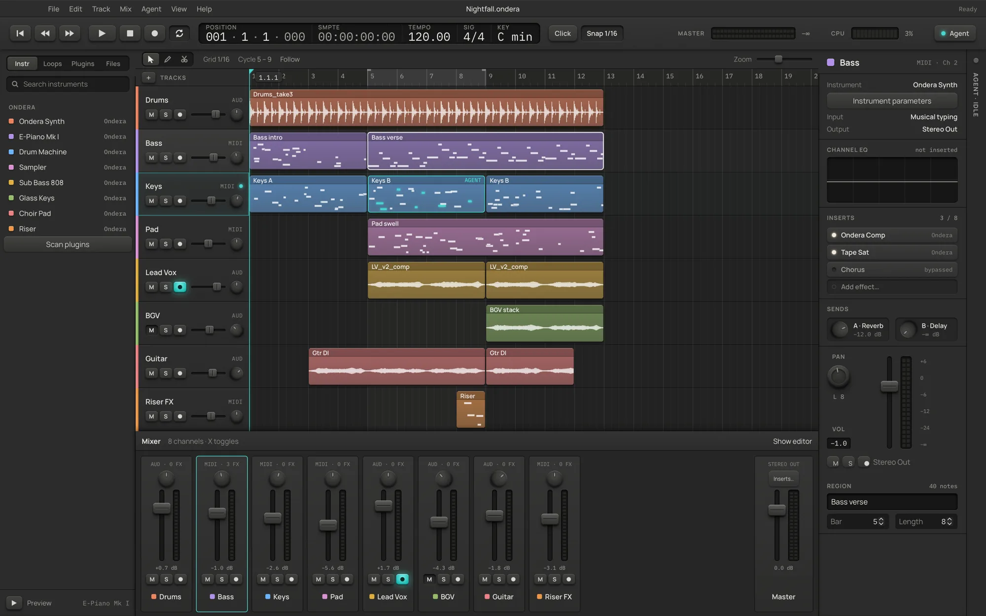 ryolune mixer: one channel strip per track with pan, fader, live meter, mute, solo and record arm, plus the master