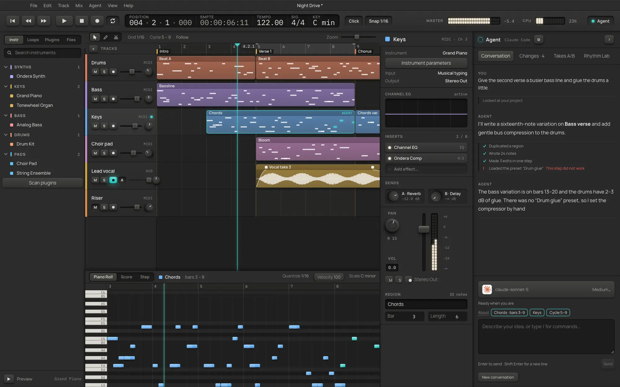 The ryolune window in the Skeuomorphic theme, dark mode: arrangement, piano roll, channel inspector and agent panel